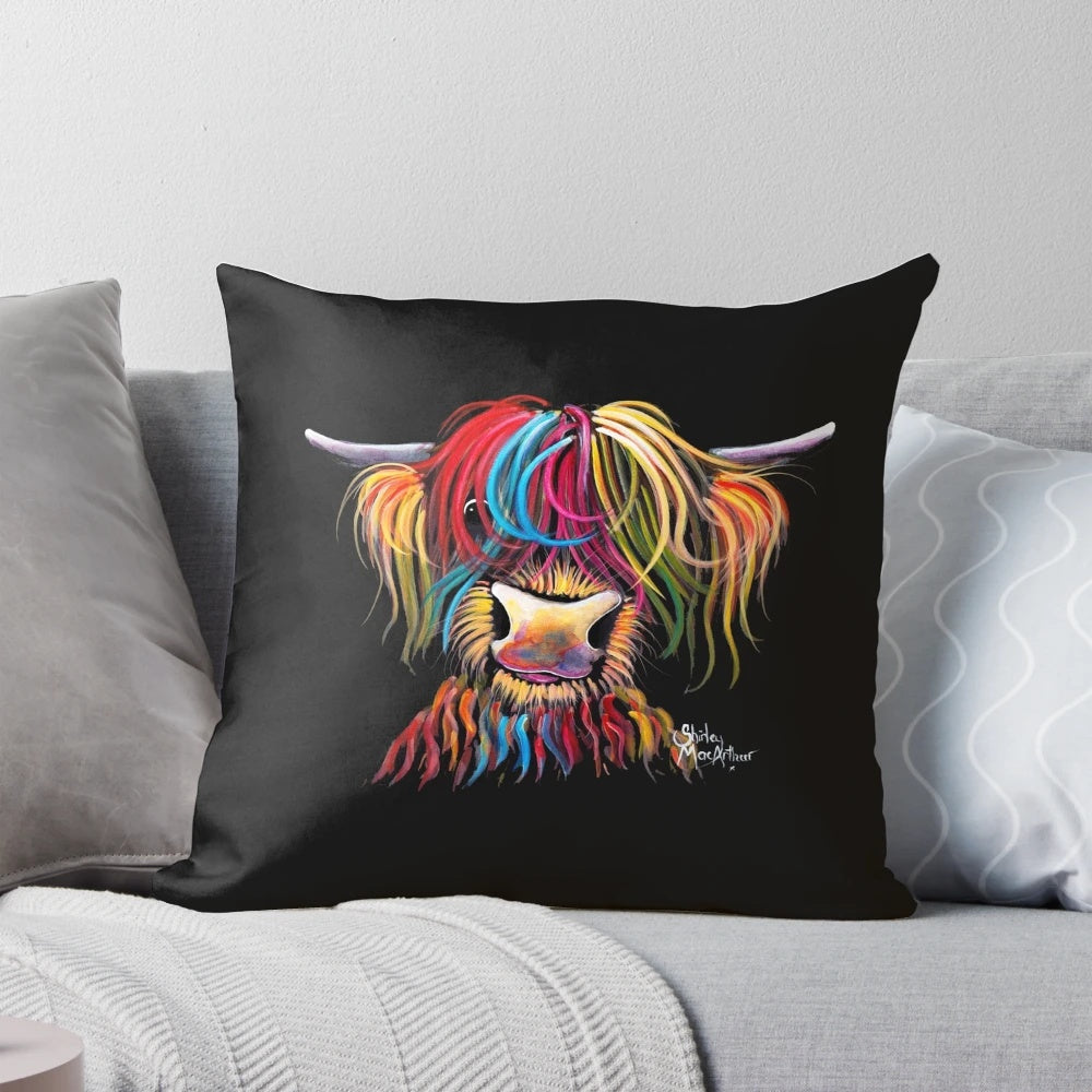 Handcrafted decorative pillow featuring a Scottish Highland Cow with a ginger coat and shaggy fur