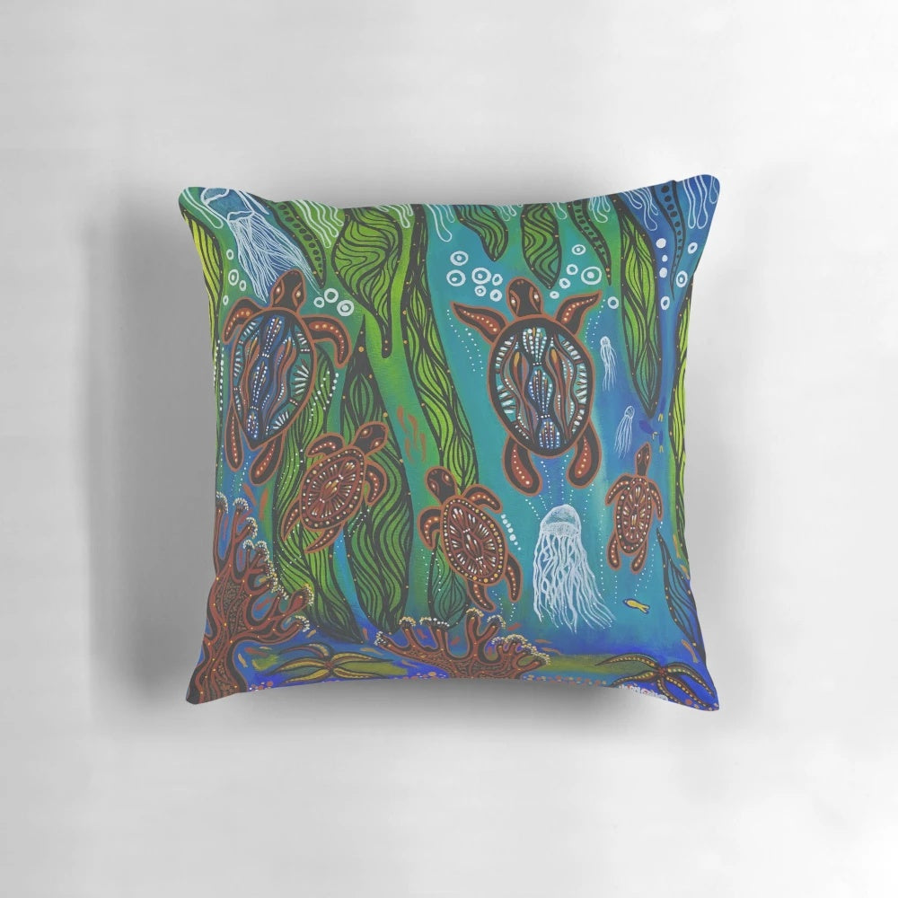 Vibrant sea turtle pillow with aboriginal and indigenous designs