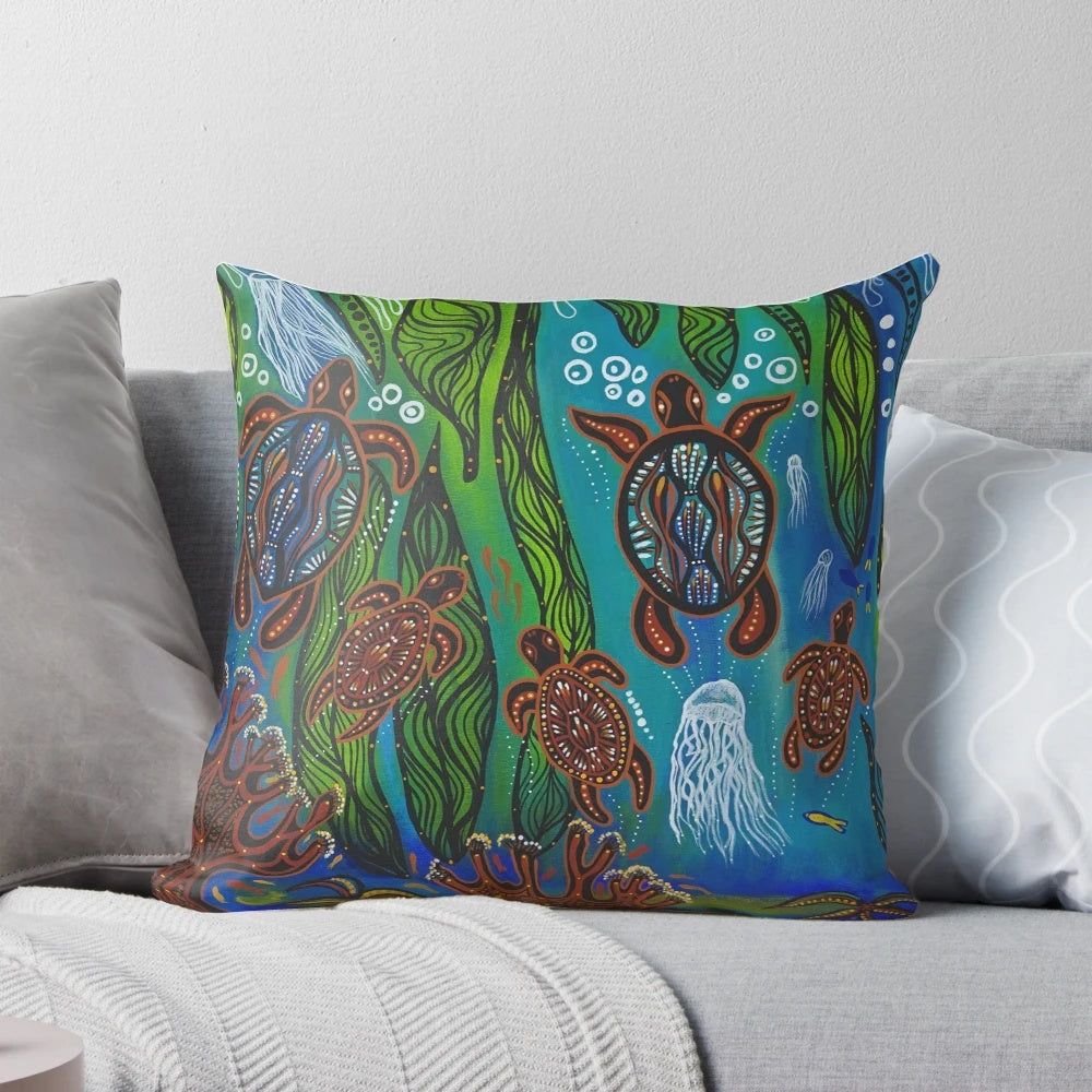 Vibrant sea turtle pillow with aboriginal and indigenous designs