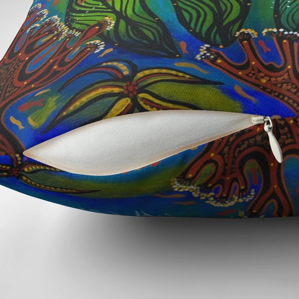 Vibrant sea turtle pillow with aboriginal and indigenous designs