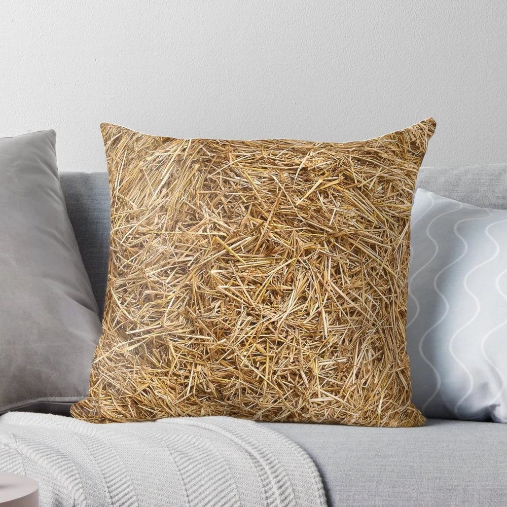 Closeup of a decorative straw and hay pillow with a natural, rustic pattern