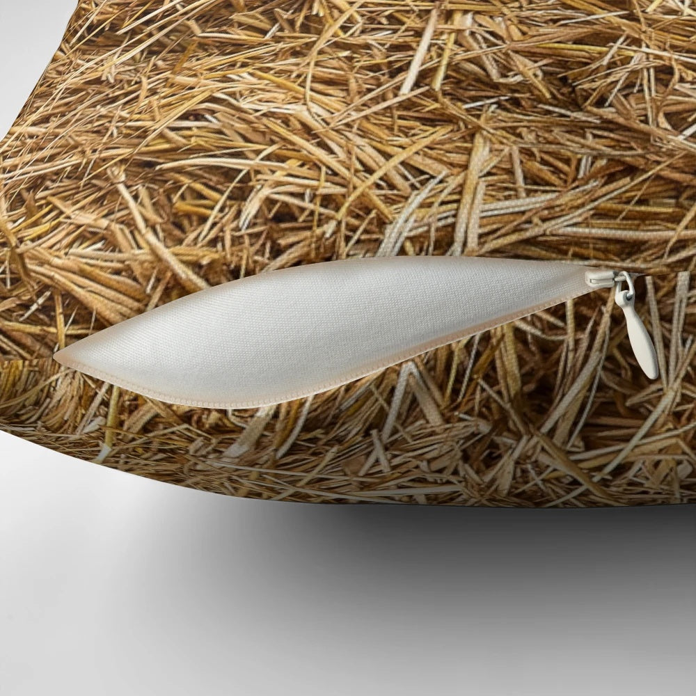 Closeup of a decorative straw and hay pillow with a natural, rustic pattern
