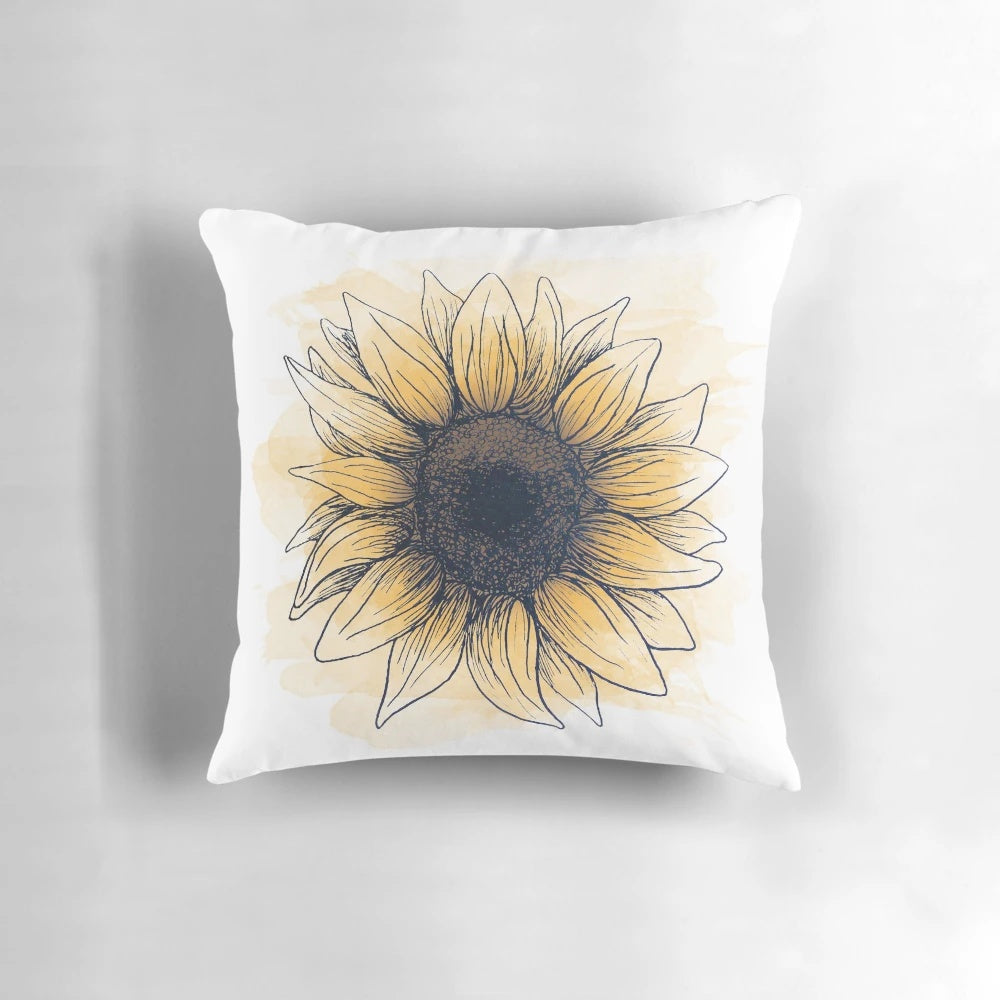 A vibrant, hand-drawn sunflower design on a soft, plush pillow.