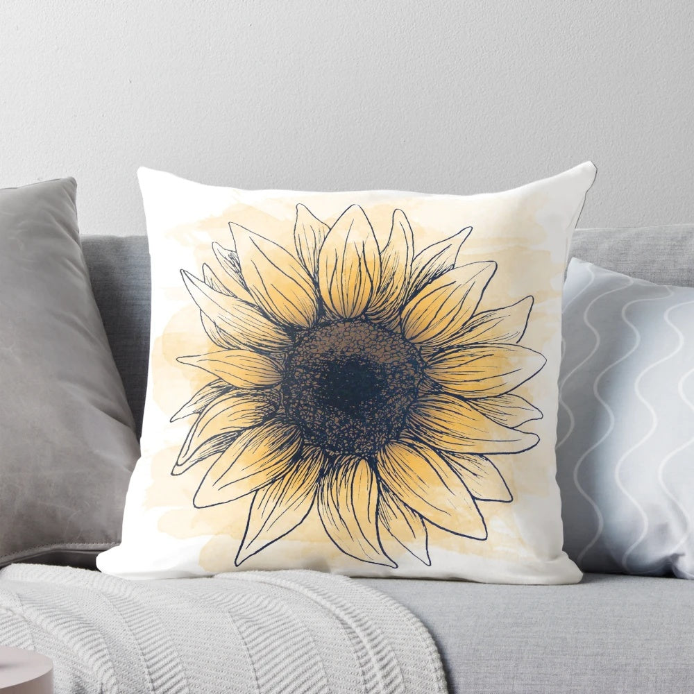 A vibrant, hand-drawn sunflower design on a soft, plush pillow.