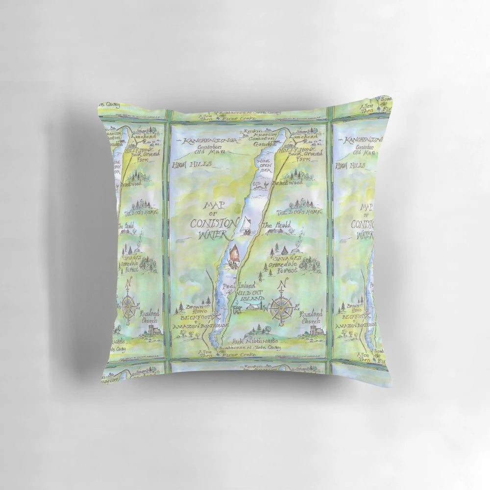 Decorative pillow featuring a hand-drawn watercolor map of Coniston Water, inspired by the classic Swallows and Amazons book series
