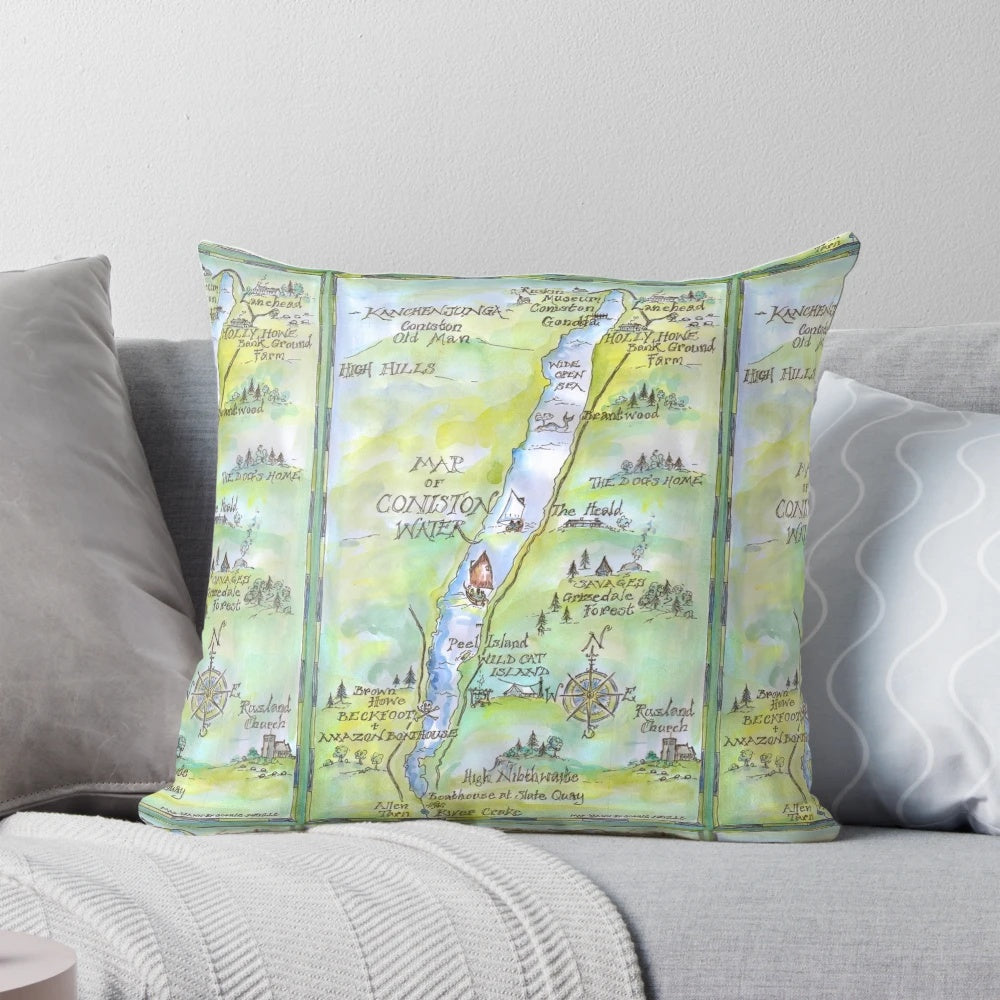 Decorative pillow featuring a hand-drawn watercolor map of Coniston Water, inspired by the classic Swallows and Amazons book series