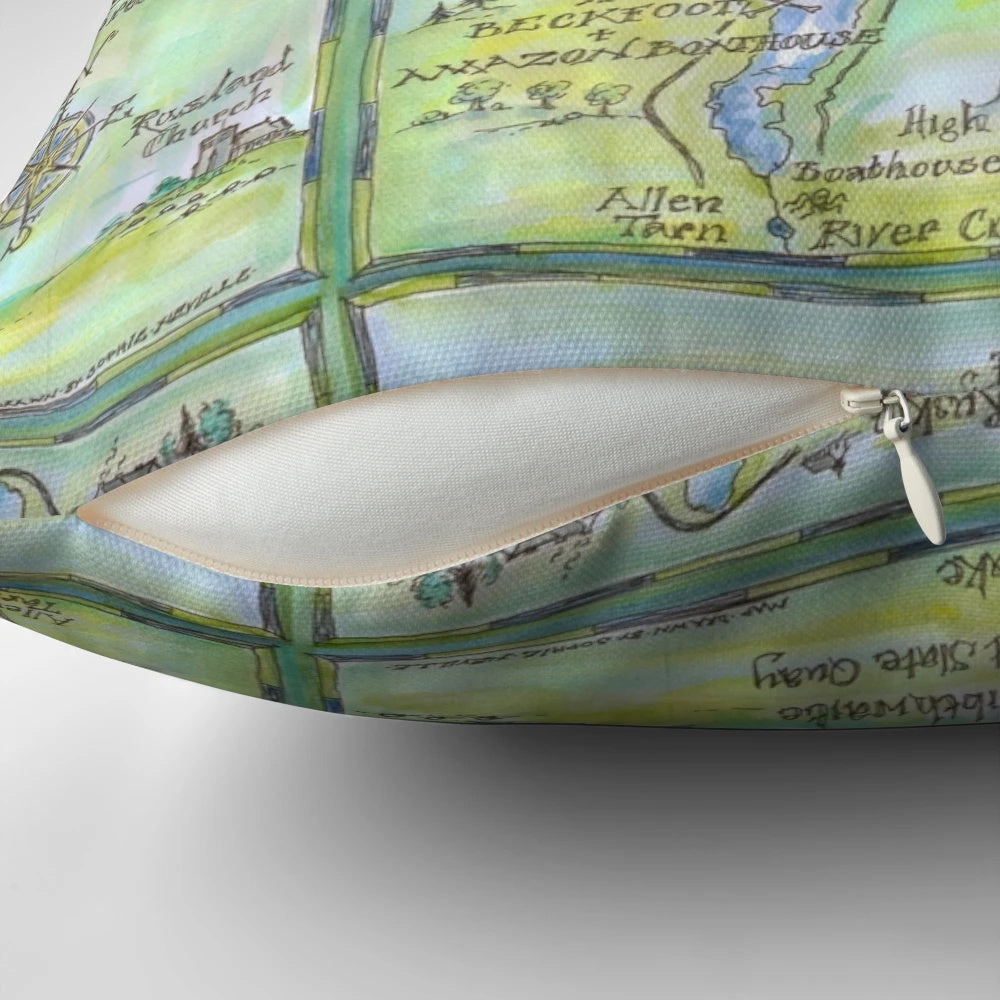 Decorative pillow featuring a hand-drawn watercolor map of Coniston Water, inspired by the classic Swallows and Amazons book series