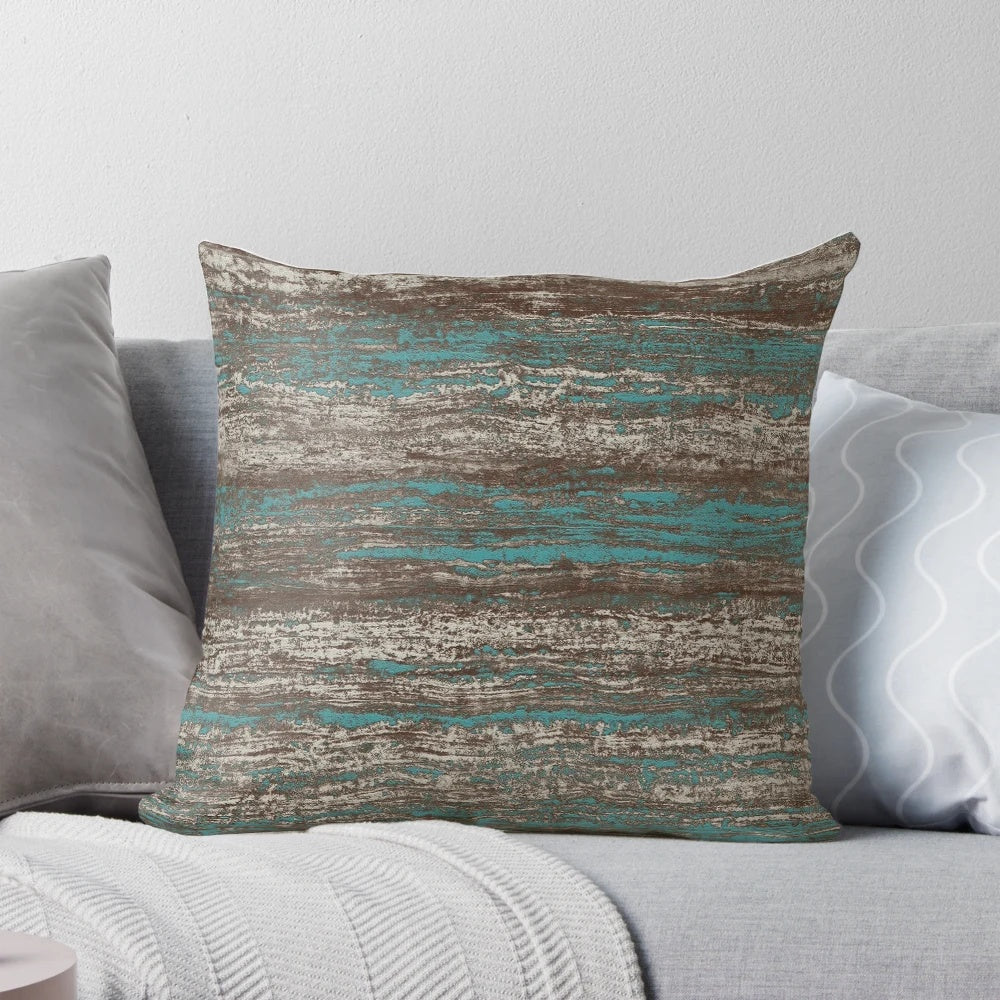 Teal blue melange throw pillow with a wavy stripe texture