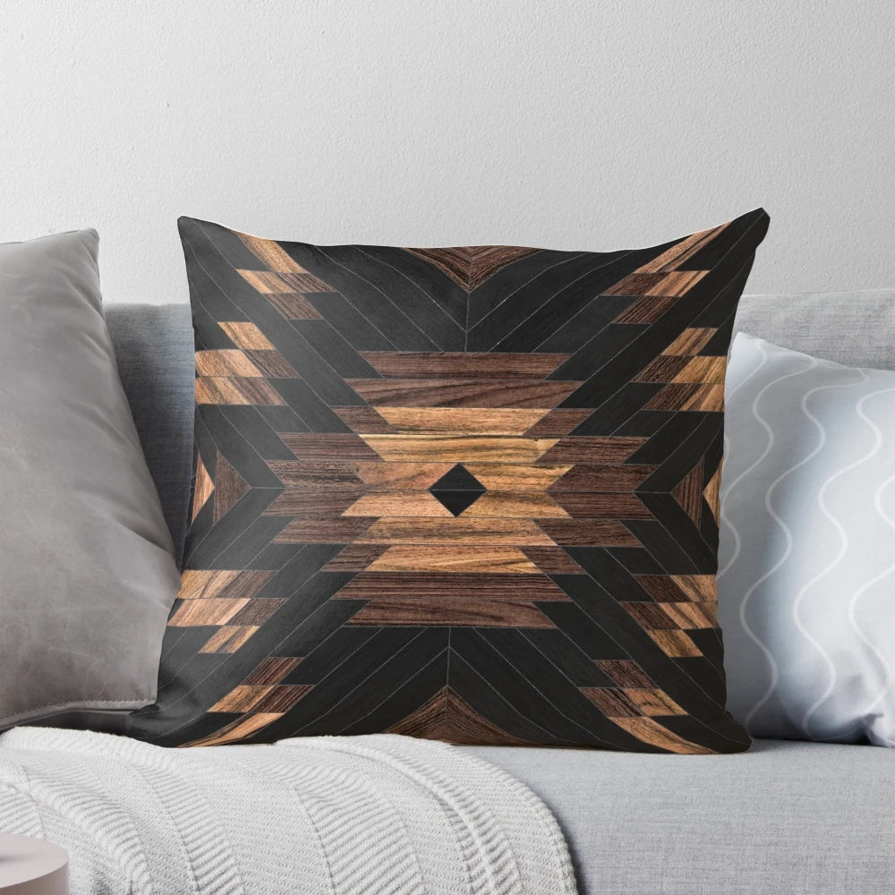 Handcrafted wood pillow featuring a bold tribal pattern design