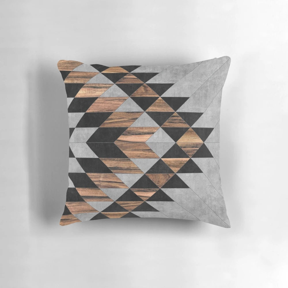 Handcrafted urban tribal pattern pillow with concrete and wood design