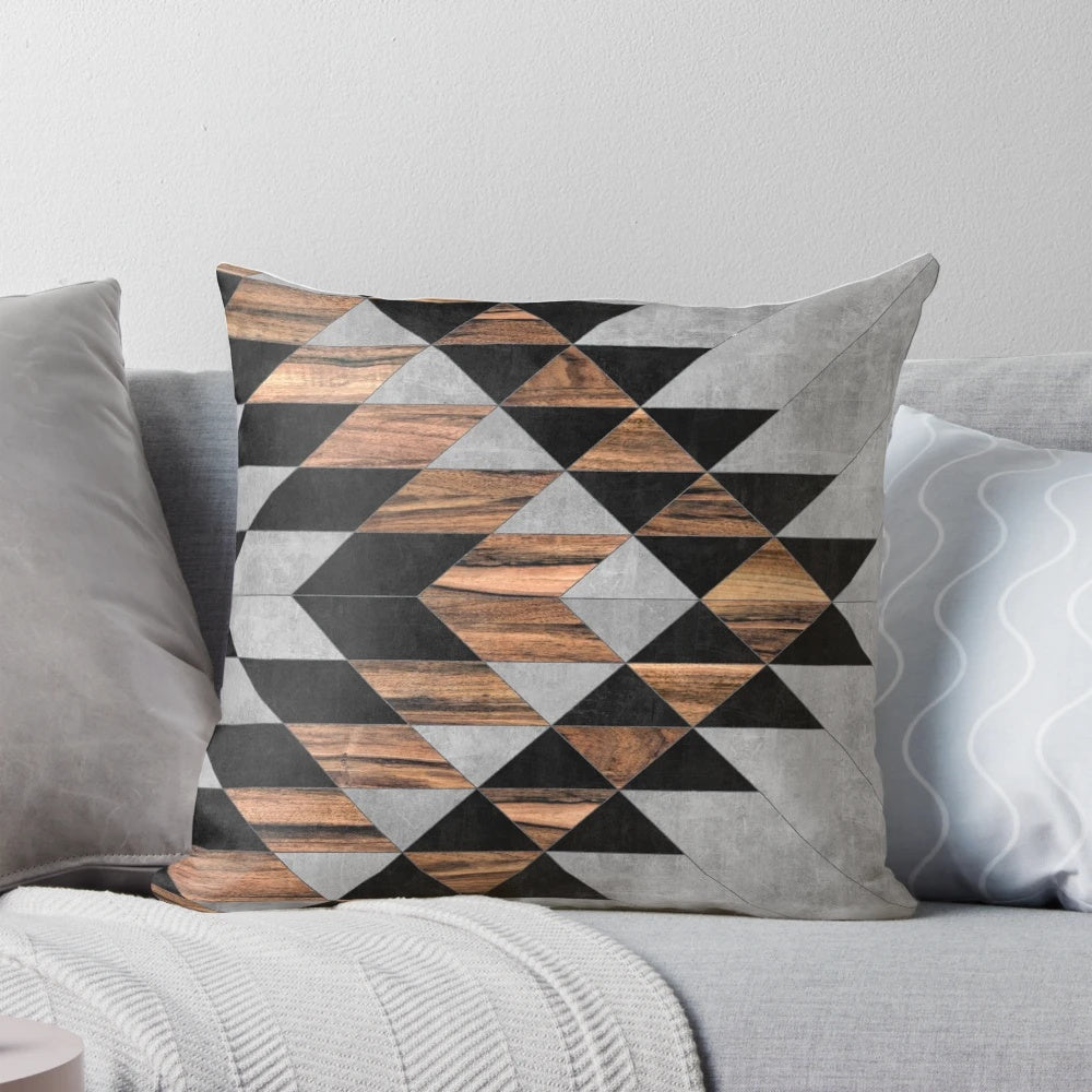 Handcrafted urban tribal pattern pillow with concrete and wood design