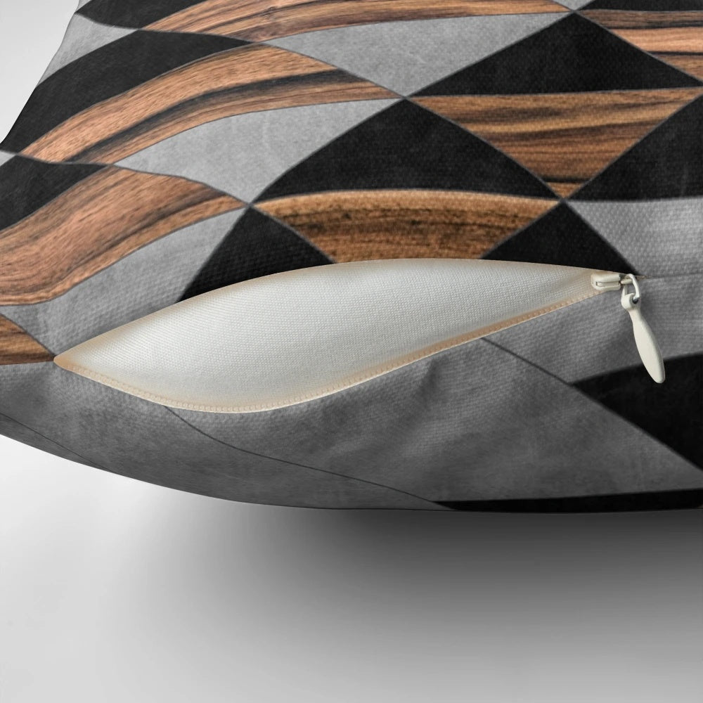 Handcrafted urban tribal pattern pillow with concrete and wood design