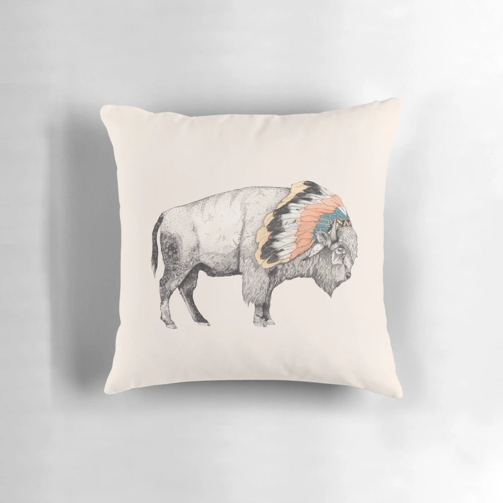 Stunning white bison pillow with intricate wildlife design by artist Sandra Dieckmann