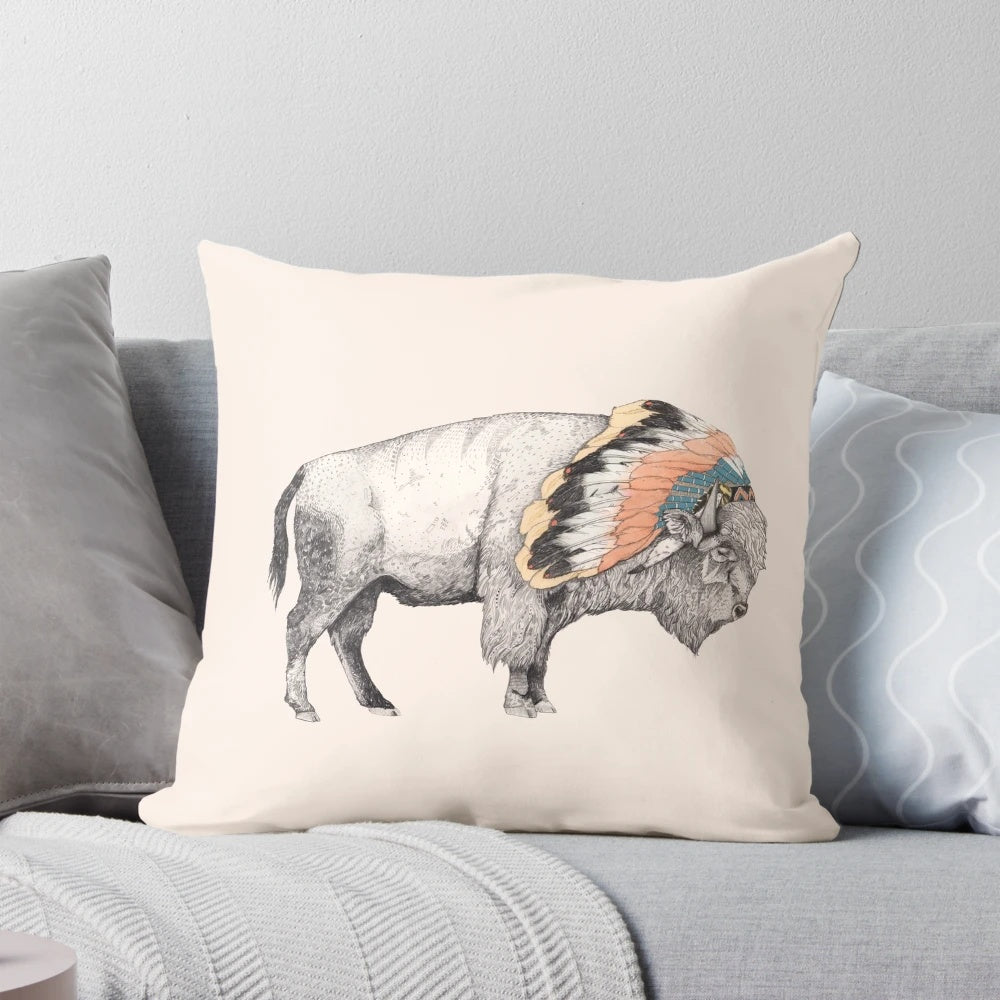 Stunning white bison pillow with intricate wildlife design by artist Sandra Dieckmann