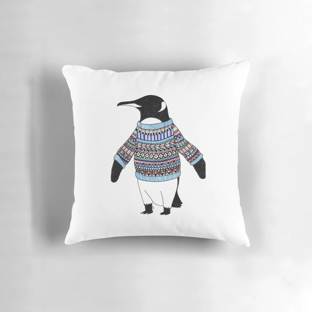 Handdrawn penguin pillow with intricate, detailed design featuring a festive antarctic animal