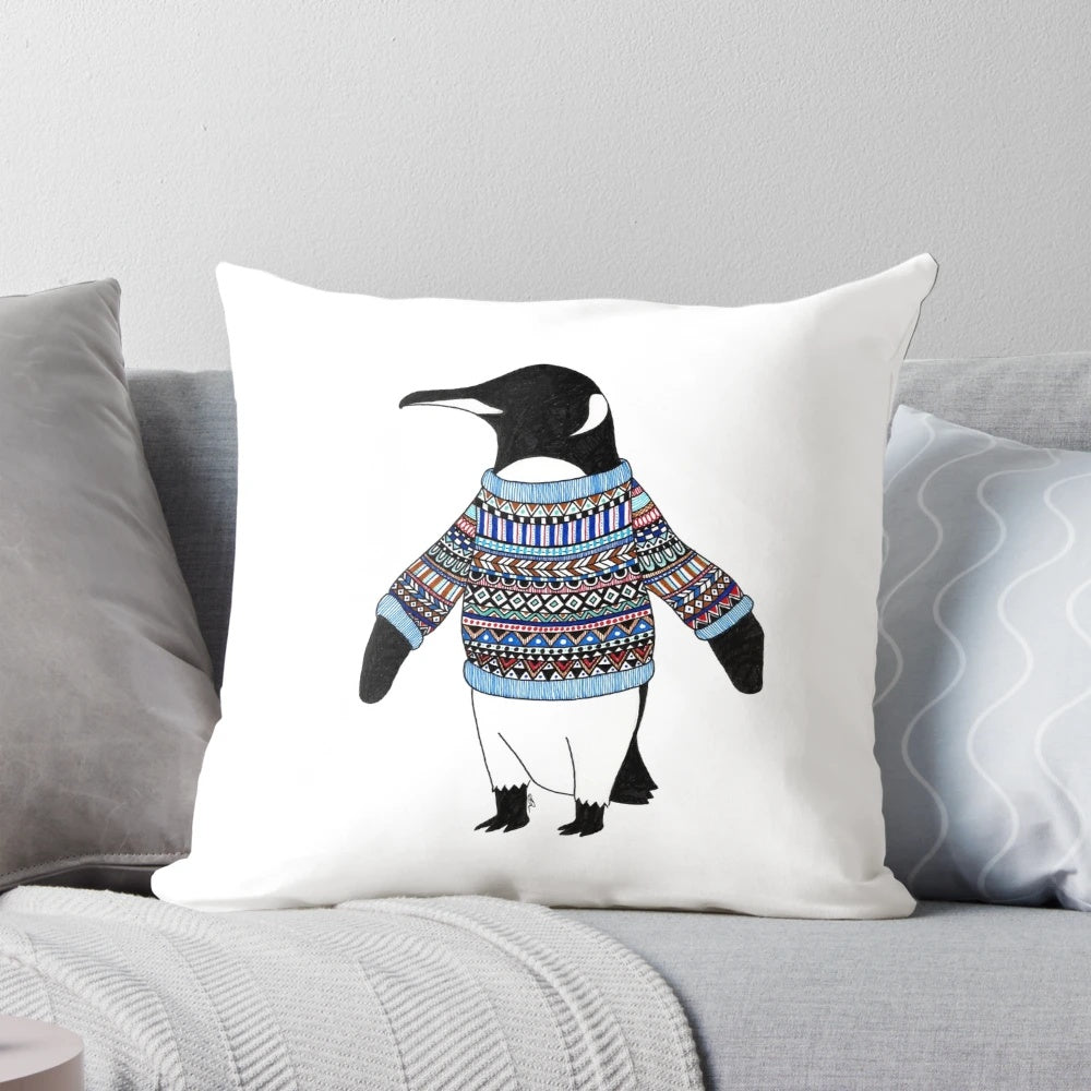 Handdrawn penguin pillow with intricate, detailed design featuring a festive antarctic animal
