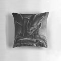 Handdrawn illustration of a tired, pessimistic xenomorph alien on a throw pillow for space enthusiasts and art lovers.