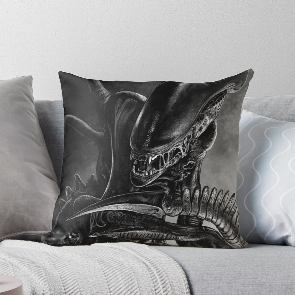Handdrawn illustration of a tired, pessimistic xenomorph alien on a throw pillow for space enthusiasts and art lovers.