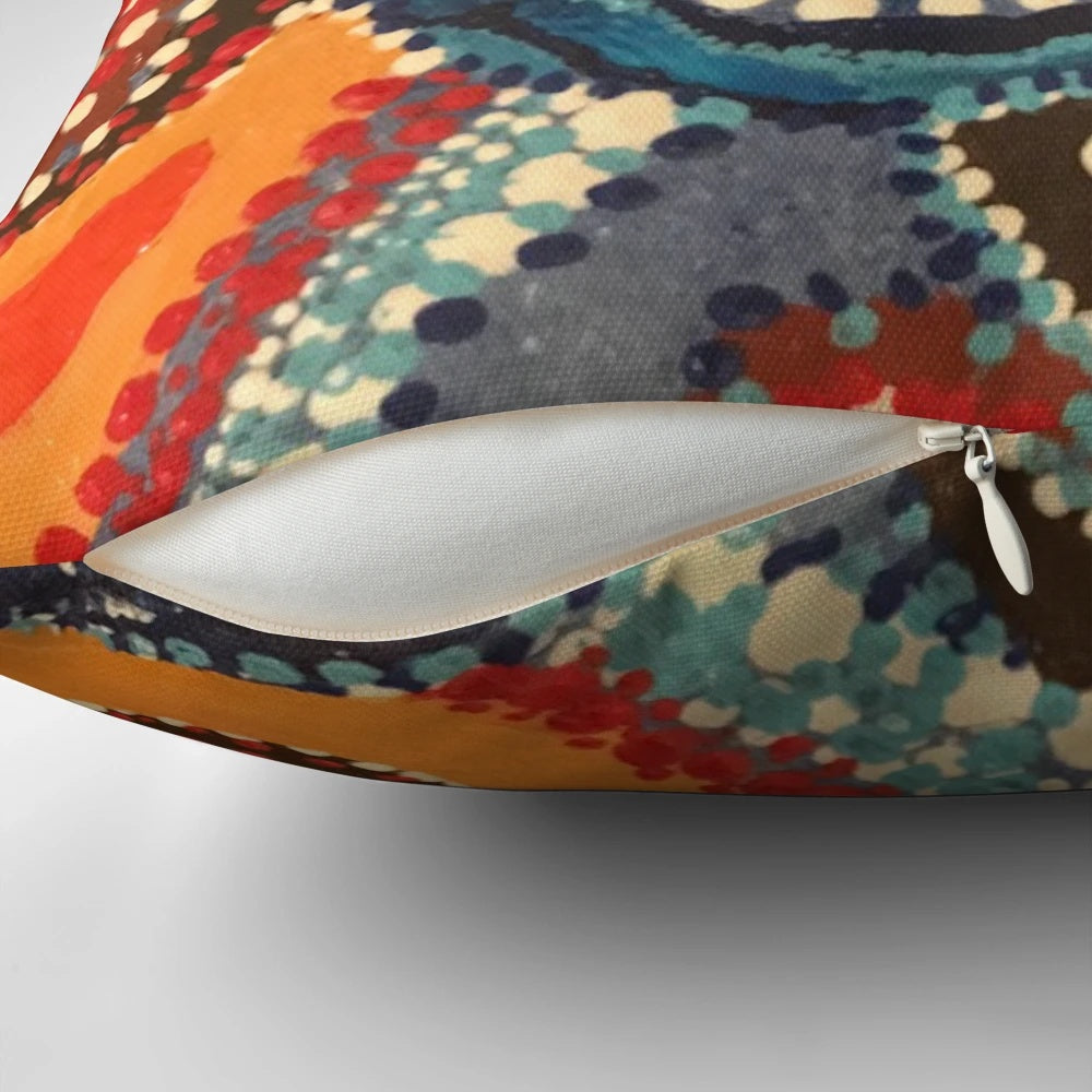 Vibrant aboriginal dot art pillow featuring a river miles design by Australian artist Melody Chime