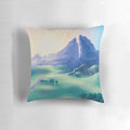 Close-up of a vibrant, abstract geometric pillow in shades of blue, pink, and white.