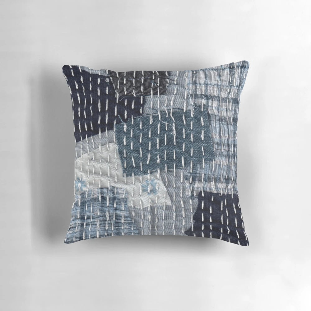 Handmade boro sashiko patterned pillow with blue and red striped design