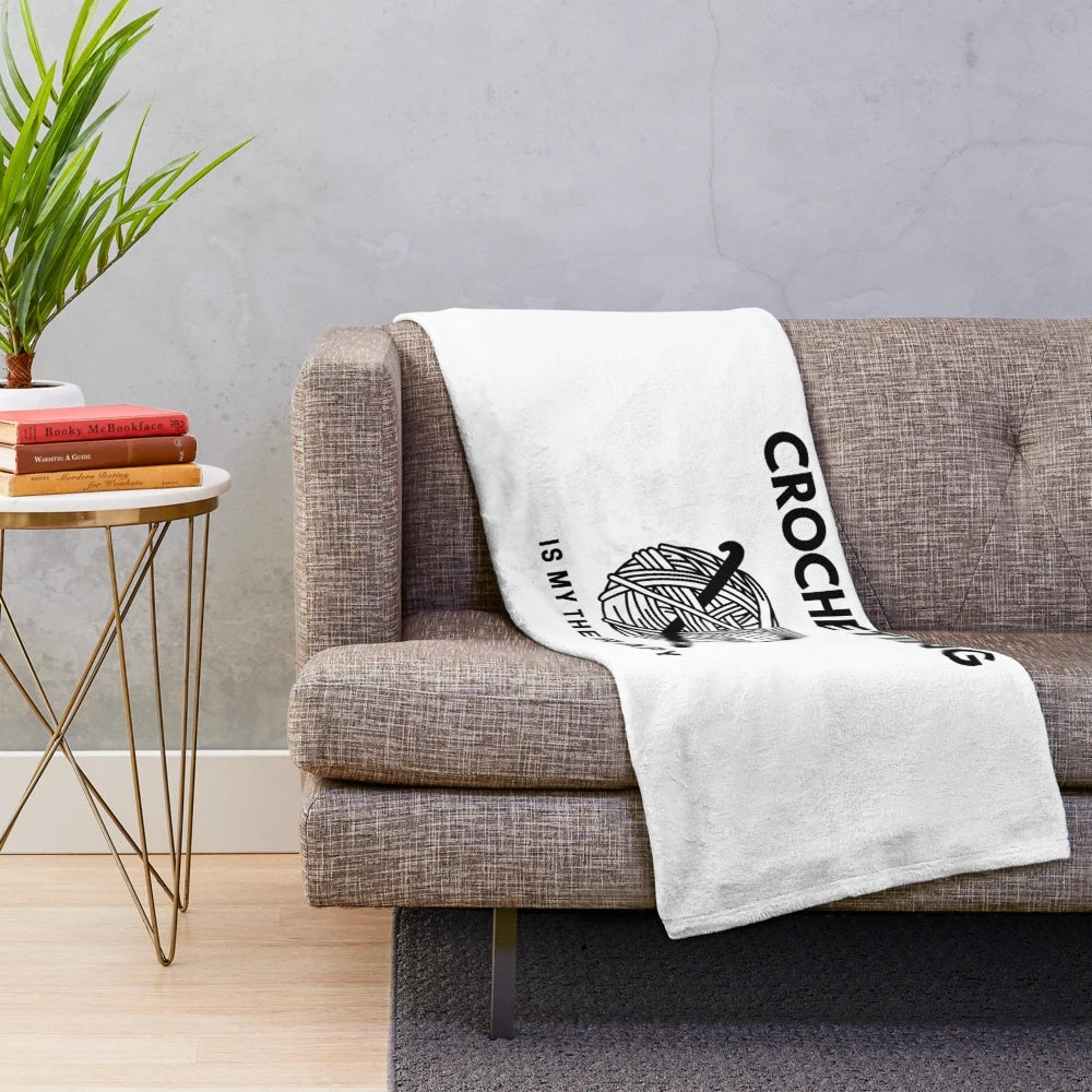 Handmade crochet plush blanket with "Crocheting is my Therapy" design