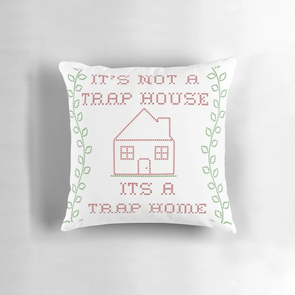Cross-stitch trap house themed pillow