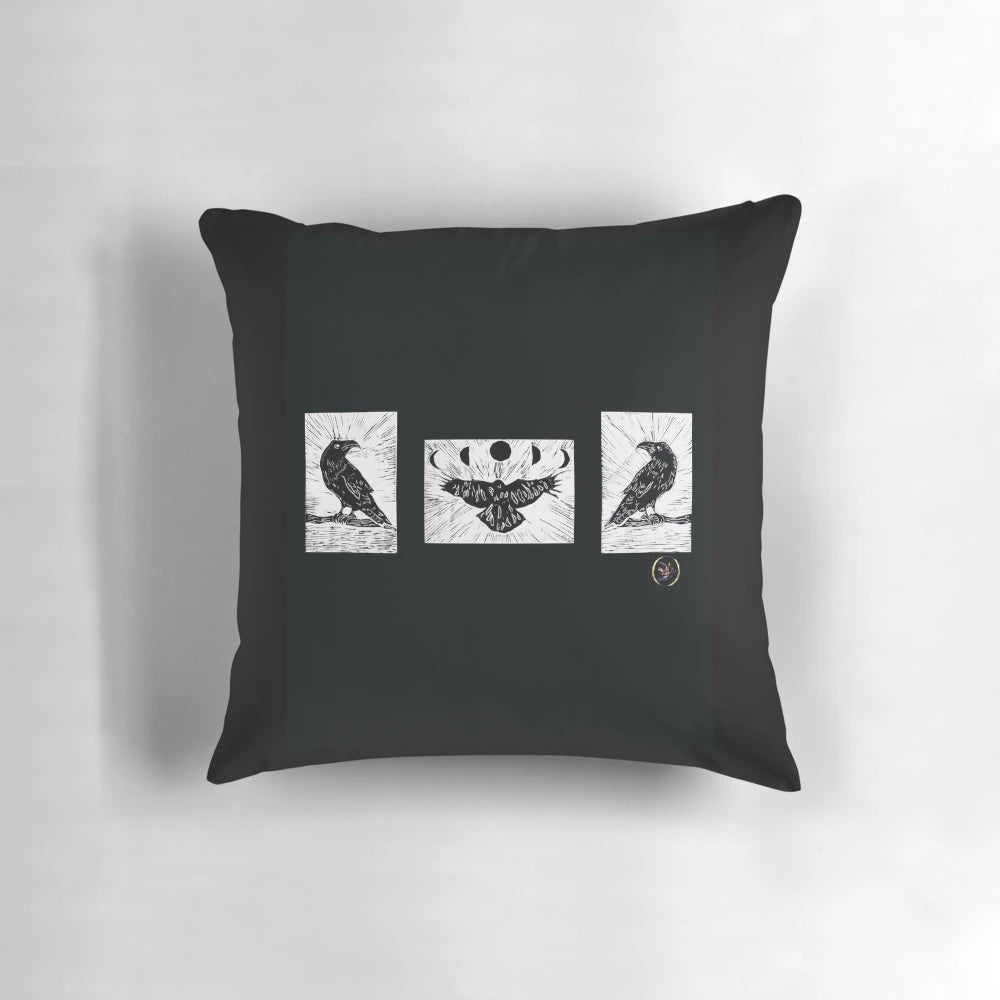 Handmade crow art lino print in black and white, featuring a mystical crow silhouette design.