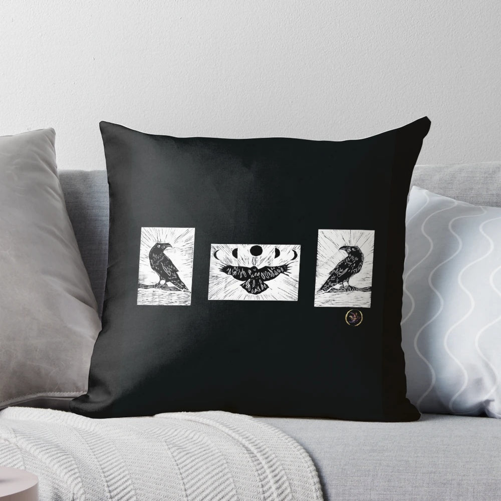 Handmade crow art lino print in black and white, featuring a mystical crow silhouette design.