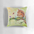 Decorative pillow featuring a hand-painted watercolor design of a squirrel and ladybug by artist Maria Tiqwah
