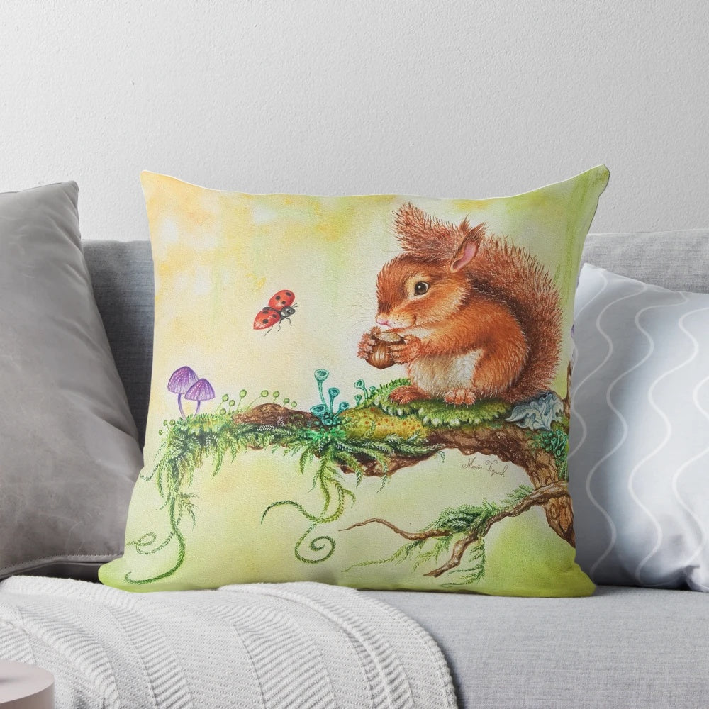 Decorative pillow featuring a hand-painted watercolor design of a squirrel and ladybug by artist Maria Tiqwah