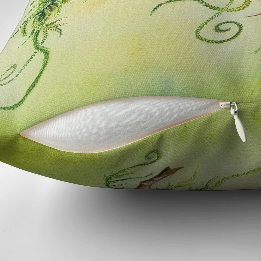 Decorative pillow featuring a hand-painted watercolor design of a squirrel and ladybug by artist Maria Tiqwah