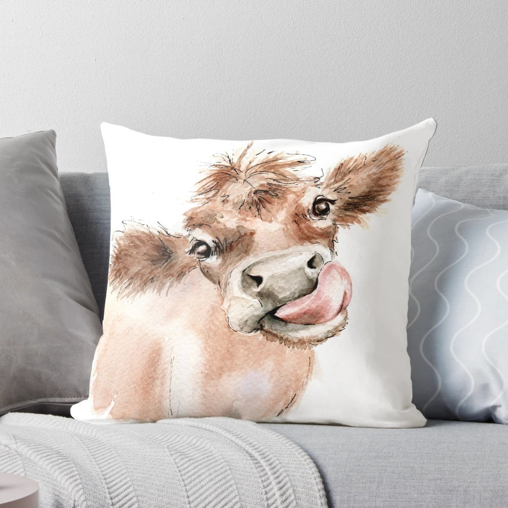 Vibrant watercolor painting of a funky cow on a throw pillow