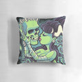A dark and macabre gothic pillow featuring a skull and rose design, perfect for fans of horror, rockabilly, and spooky home decor.