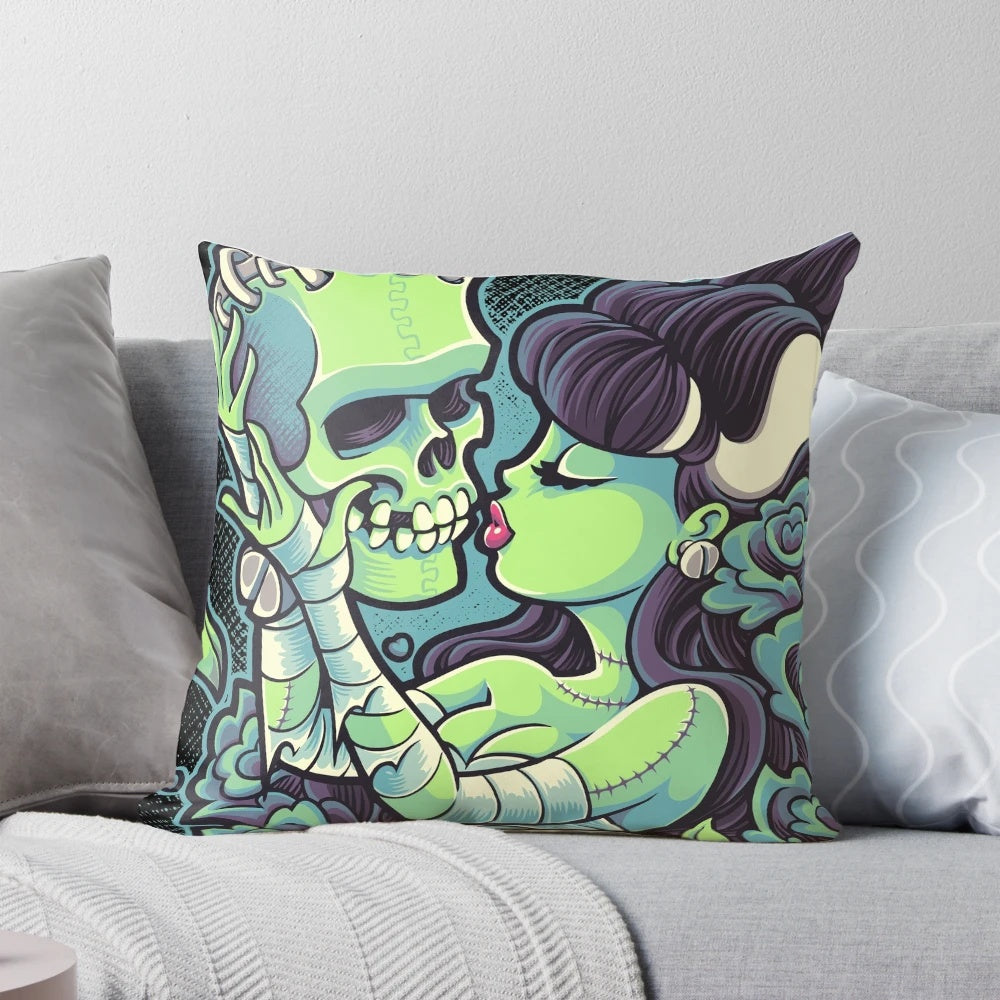 A dark and macabre gothic pillow featuring a skull and rose design, perfect for fans of horror, rockabilly, and spooky home decor.