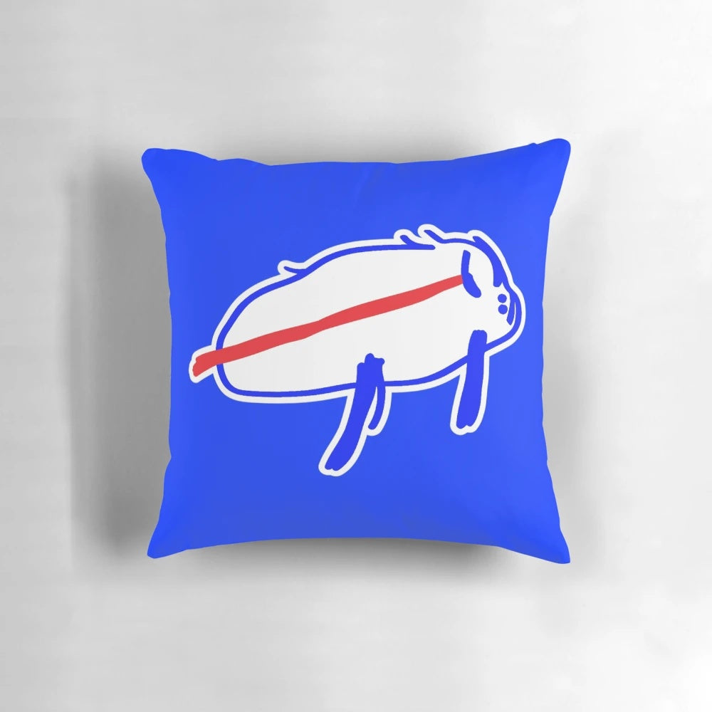 Closeup of a custom-made pillow featuring a hand-drawn illustration of Buffalo Bills quarterback Josh Allen.