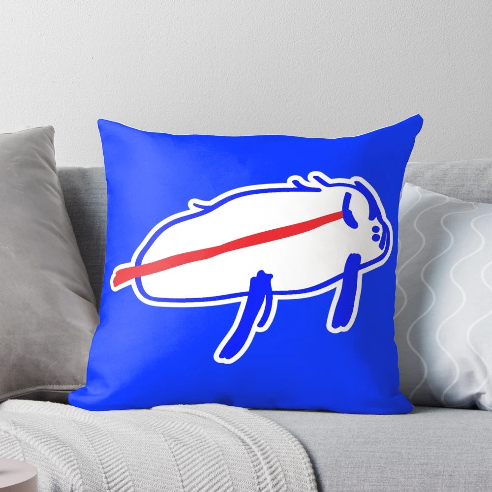 Closeup of a custom-made pillow featuring a hand-drawn illustration of Buffalo Bills quarterback Josh Allen.
