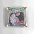 Vibrant, intricately patterned Palestinian kuffiyah-inspired pillow with a "Land of Sad Oranges" design.