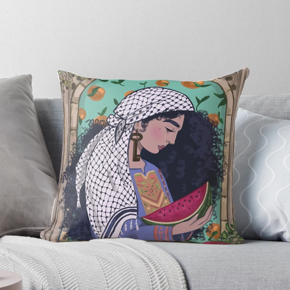 Vibrant, intricately patterned Palestinian kuffiyah-inspired pillow with a "Land of Sad Oranges" design.