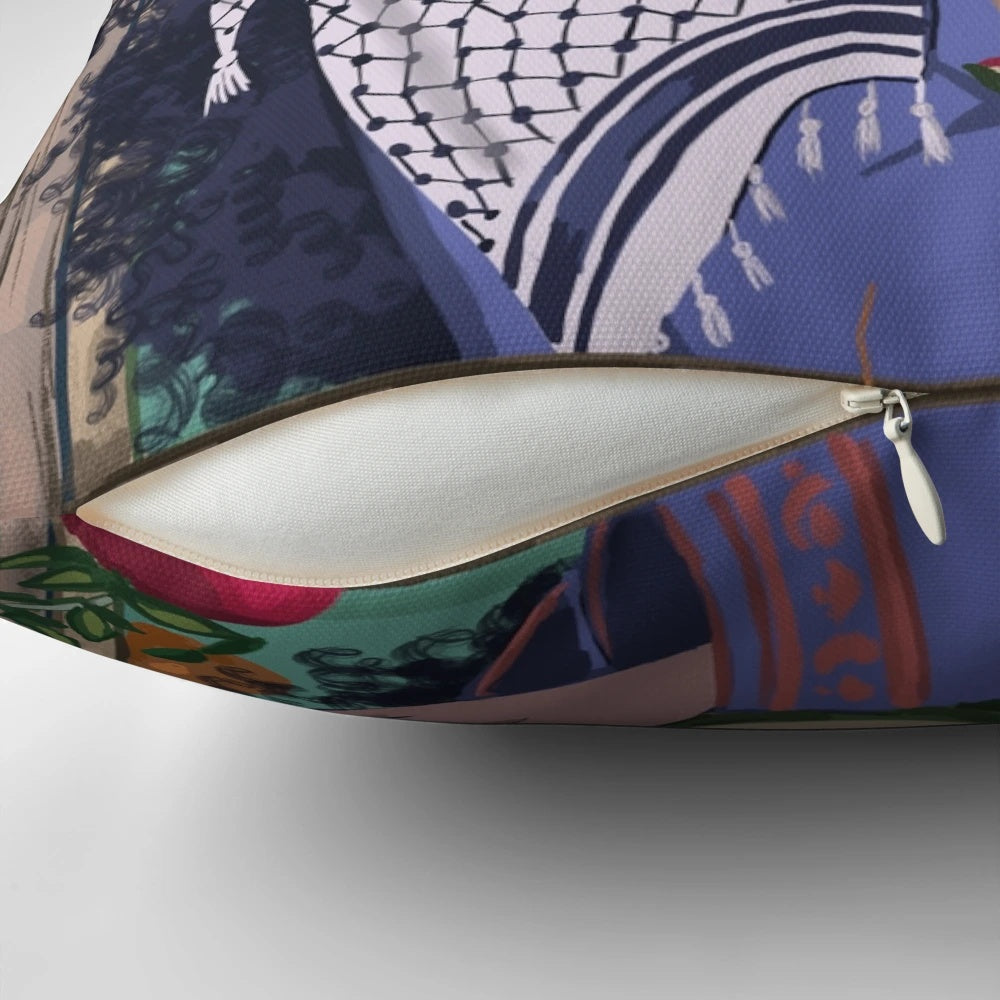 Vibrant, intricately patterned Palestinian kuffiyah-inspired pillow with a "Land of Sad Oranges" design.