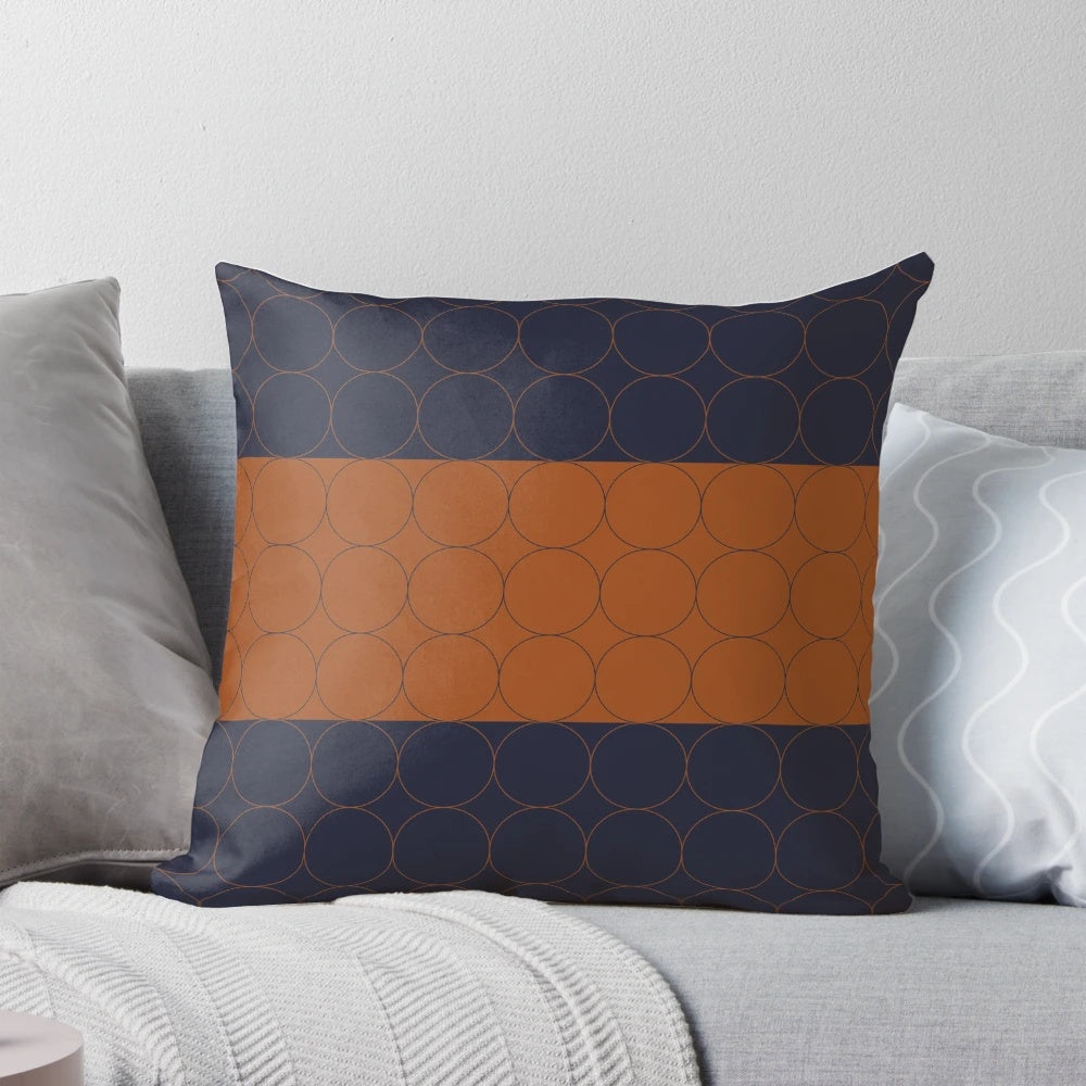 Navy blue and rust colored circles decorative throw pillow