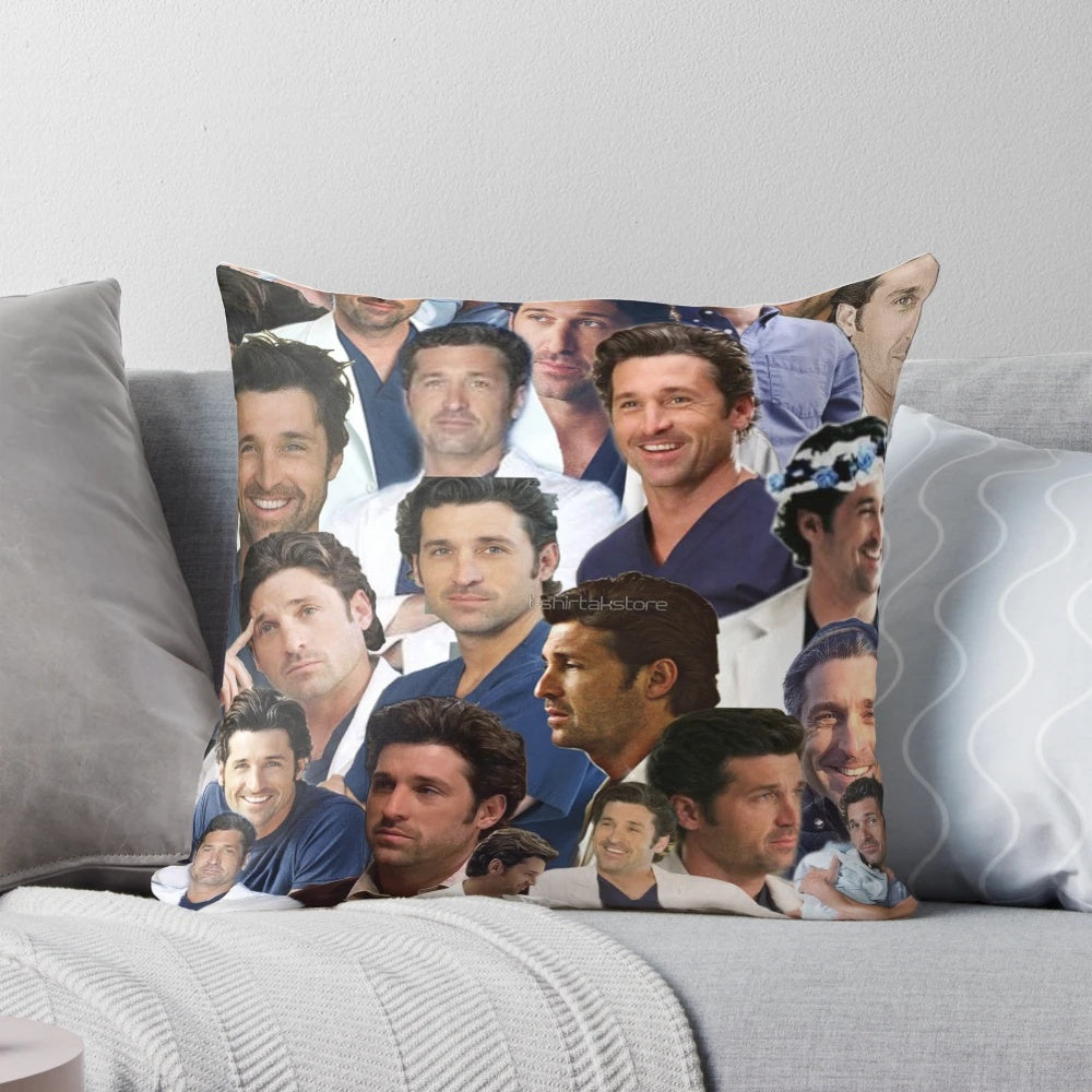 Handmade decorative pillow featuring a collage of Patrick Dempsey photos