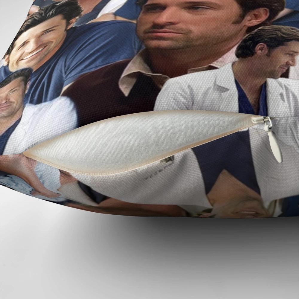 Handmade decorative pillow featuring a collage of Patrick Dempsey photos
