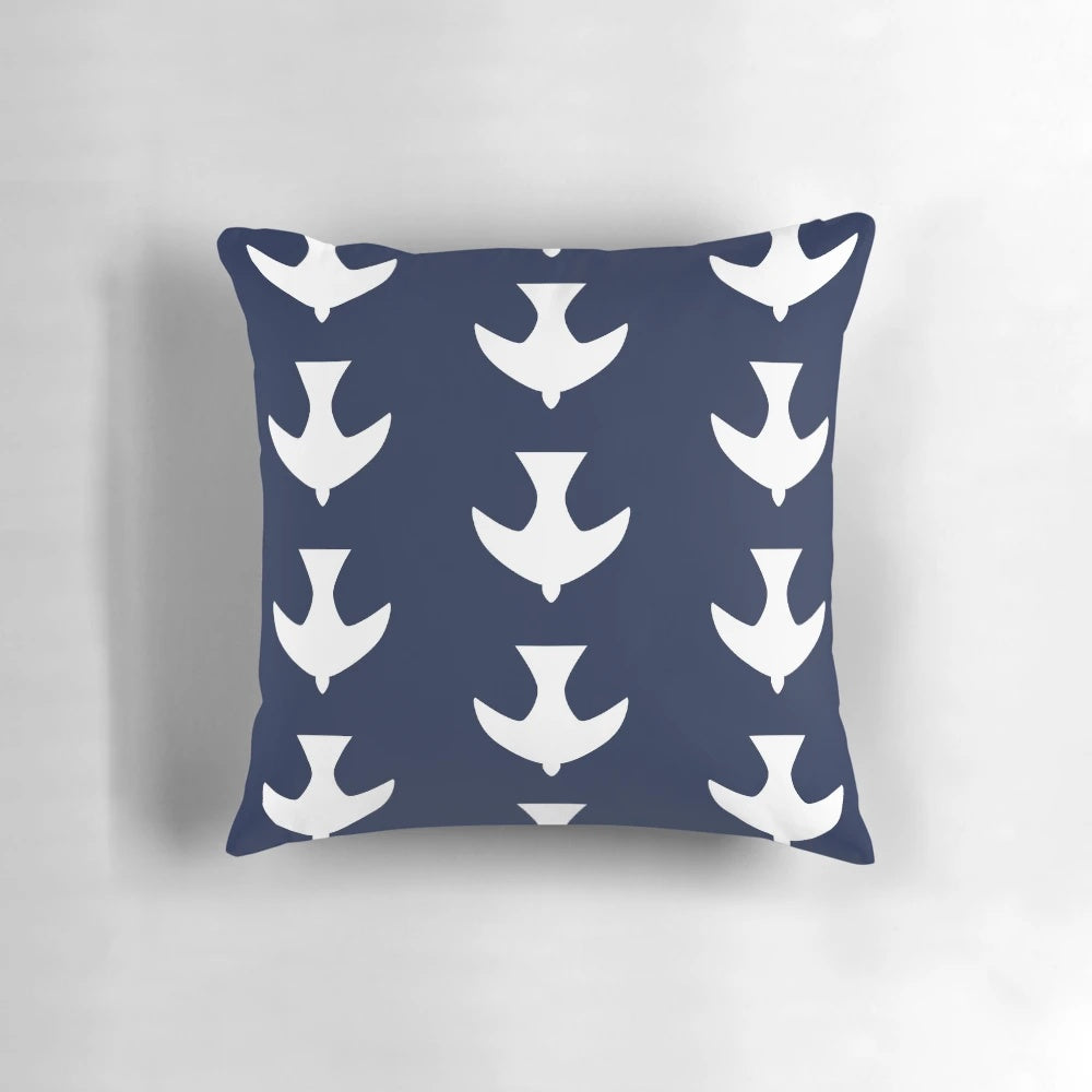 Handmade peace dove decorative pillow with Athos Bulcao inspired Brazilian tile design in blue and white colors.