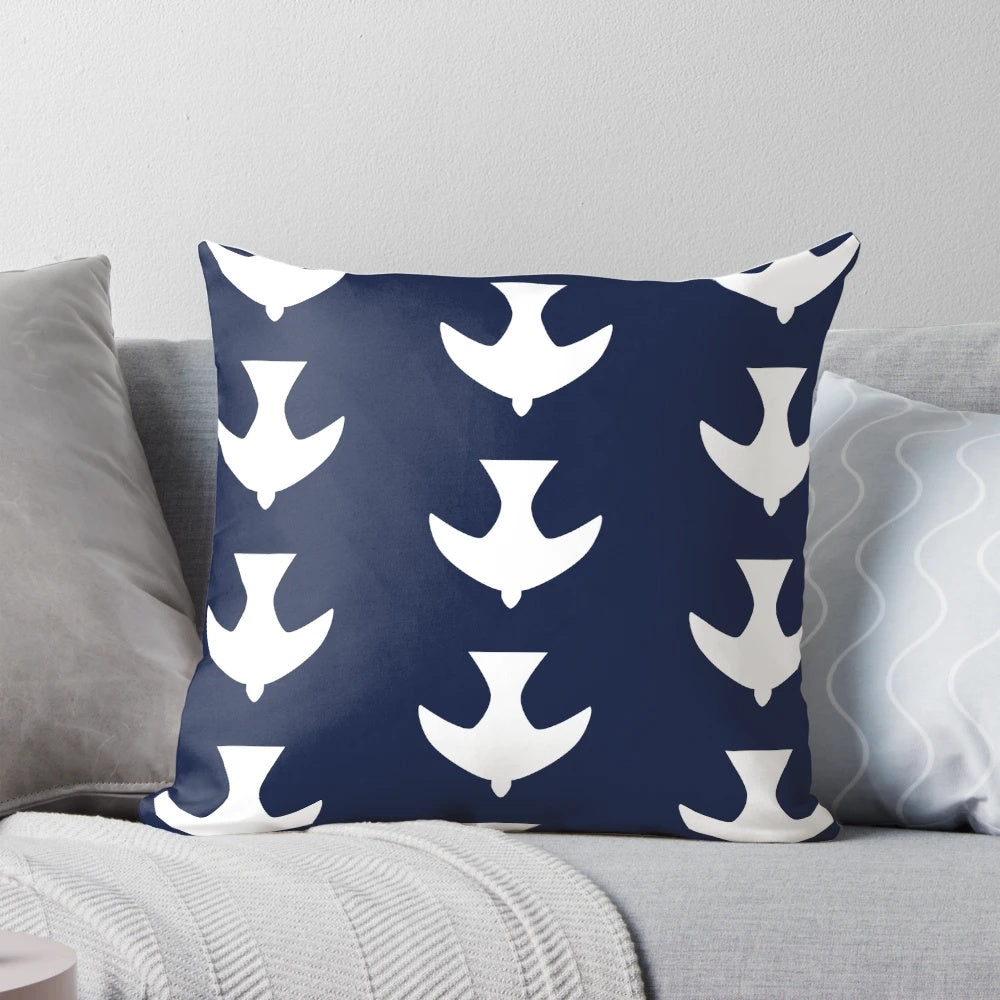 Handmade peace dove decorative pillow with Athos Bulcao inspired Brazilian tile design in blue and white colors.