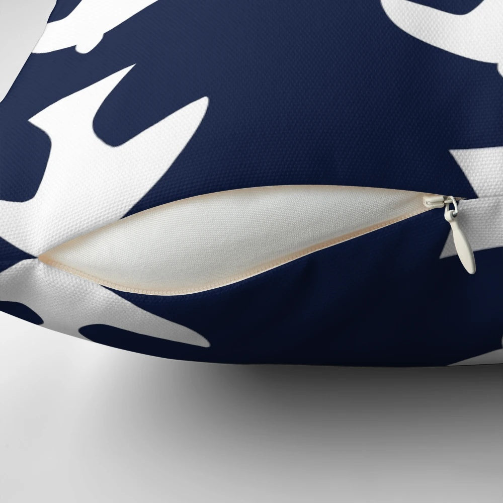 Handmade peace dove decorative pillow with Athos Bulcao inspired Brazilian tile design in blue and white colors.