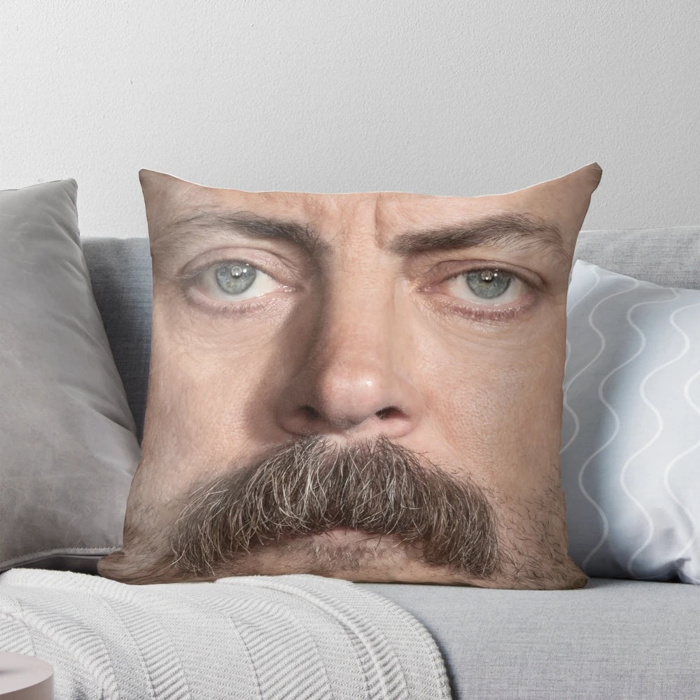 Handmade Ron Swanson/Nick Offerman themed throw pillow with a detailed portrait