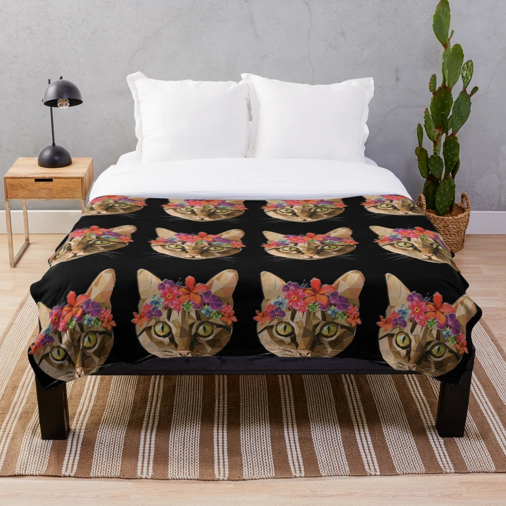 Scrapbook-inspired plush blanket with cat and floral design