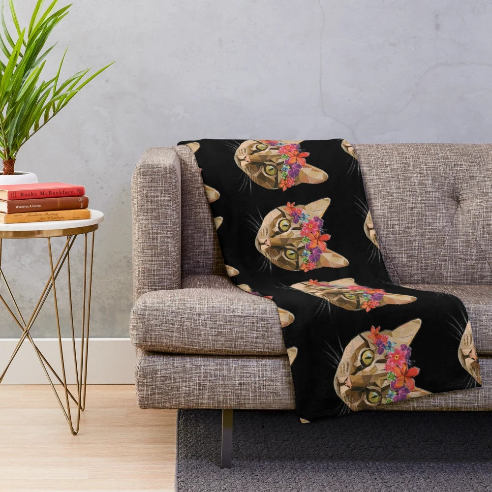 Scrapbook-inspired plush blanket with cat and floral design