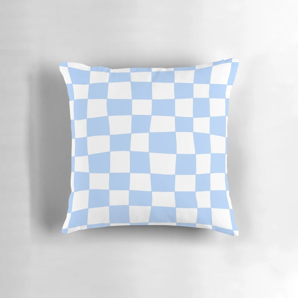 Sky blue and white hand-drawn checkerboard pattern pillow